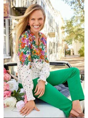 Talbots Blissful Floral Smocked Cuff Blouse 2X Multicolor Cotton Peasant Boho